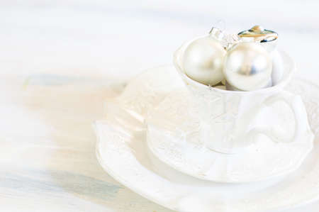 Christmas time table setting with vintage silverware on plate and napkinの写真素材