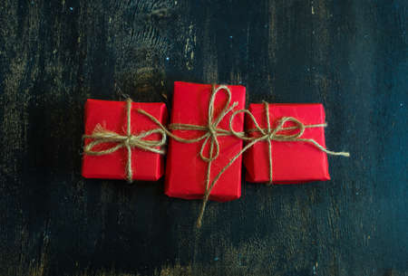 Christmas presents in rustic style with holiday decorations, selective focusの写真素材