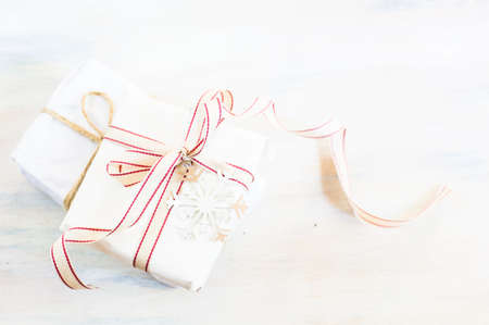 Christmas presents in rustic style with holiday decorations, selective focus
