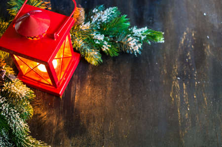 Christmas time red latern  with candle light and  gifts