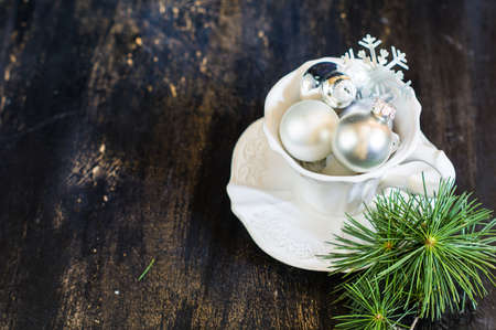 Christmas time table setting with vintage silverware on plate and napkinの写真素材