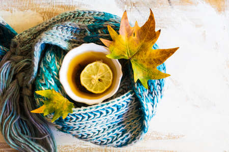 Vintage cup of tea with lemon and bright yellow leavesの写真素材