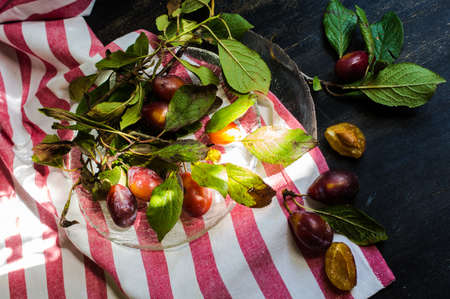 Fresh organic plums with leaves on old rustic wooden tableの写真素材