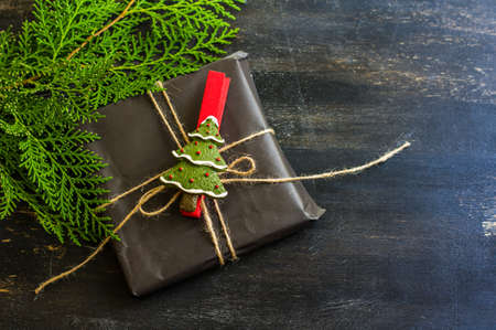 Christmas presents in rustic style with holiday decorations, selective focusの写真素材