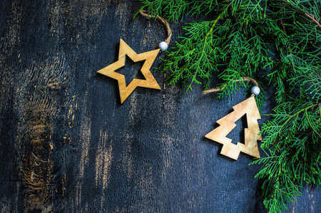 Christmas frame with festive tree and decorations for Christmas with copyspaceの写真素材