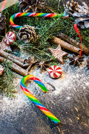 Christmas frame with festive tree and decorations for Christmas with copyspaceの写真素材