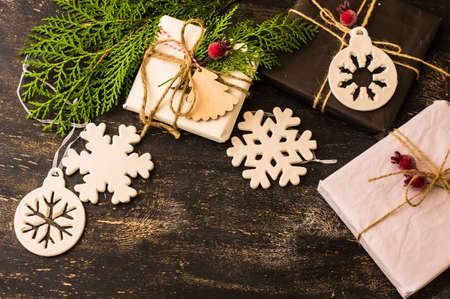 Christmas presents in rustic style with holiday decorations, selective focusの写真素材