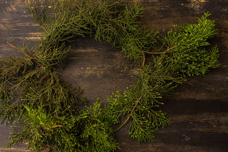 Border, frame from christmas tree branches on dark wooden backgroundの写真素材