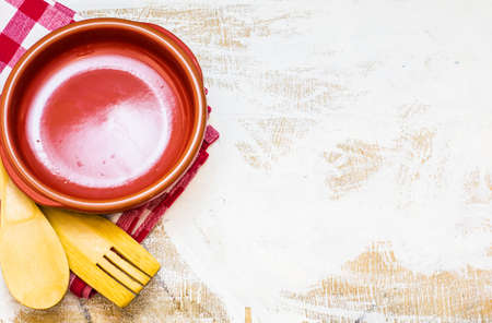 Rustic kitchen staff on wooden table with copyspaceの写真素材