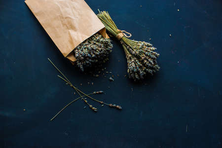 Dried lavender flowers on dark backgroundの写真素材