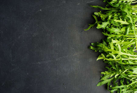 Organic food concept with fresh leaves of ruccola herb on dark backgroundの写真素材