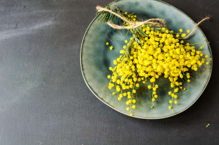 Festive table setting for Easter dinner with bright easter eggs and mimosa flowers on rustic plateの写真素材