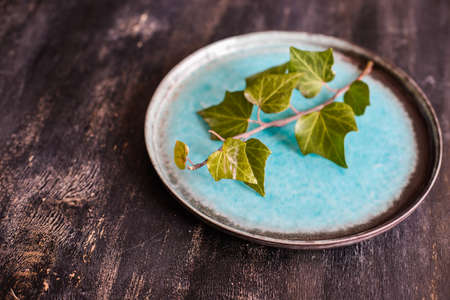 Rustic table setting with wild grape leaves on the plate on dark wooden tableの写真素材