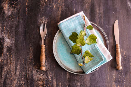 Rustic table setting with wild grape leaves on the plate on dark wooden tableの写真素材