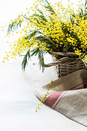 Easter festive frame with bright yellow mimosa (acacia) flowers and easter eggs a on wooden backgroundの写真素材