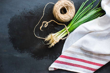 Organic green onion on dark  boardの写真素材