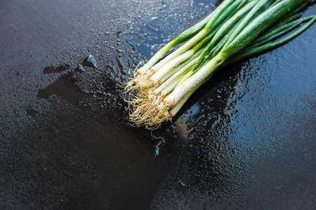 Organic green onion on dark  boardの写真素材