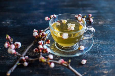 Cup of green tea and peach blossom on dark rustic table as a spring time conceptの写真素材