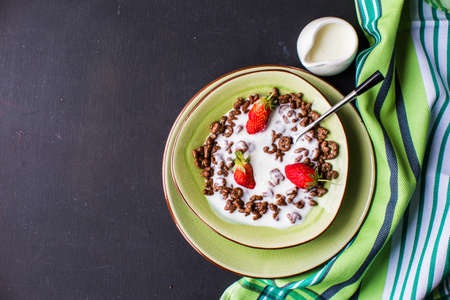 Healthy breakfastwith oats, yogurt, flax seeds and strawberries on dark table
