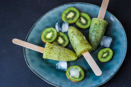 Summer fruit dessert - kiwi lollipops with mint and ice on rustic plate on concrete backgroundの写真素材