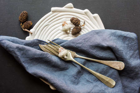 Autumnal table setting with acorns and rustic plates on dark wooden tableの写真素材