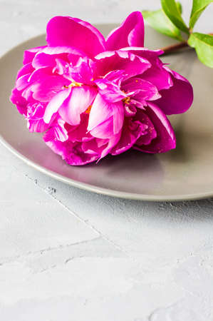 Summer festive table setting with beautiful purple peonies and vintage flatware on grey concrete background with copyspaceの写真素材