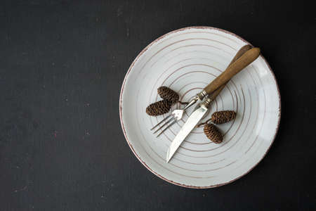 Autumnal table setting with acorns and rustic plates on dark wooden tableの写真素材