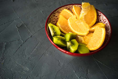 Organic fruits on concrete backgroundの写真素材