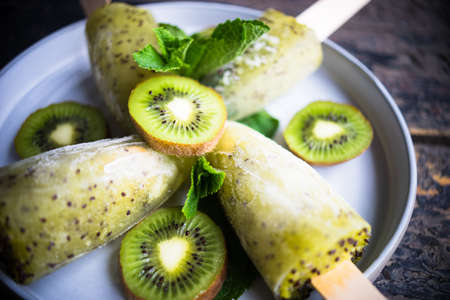 Summer fruit dessert - kiwi lollipops with mint and ice on rustic plate on concrete backgroundの写真素材