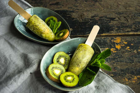 Summer fruit dessert - kiwi lollipops with mint and ice on rustic plate on concrete backgroundの写真素材