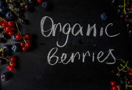 Ripe organic bilberries and currants on dark wooden table with copyspace as a organic food conceptの写真素材