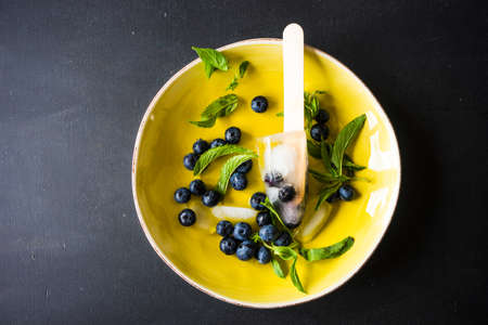 Summer fruit dessert - bilberry lollipops with mint and ice on rustic plate on concrete backgroundの写真素材