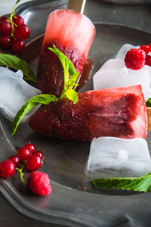 Summer fruit dessert - strawberry lollipops with mint and ice on rustic plate on concrete backgroundの写真素材