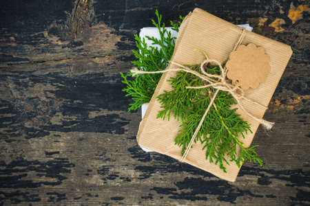 Christmas presents in rustic style with holiday decorations, selective focusの写真素材