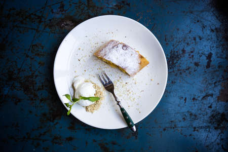 Fresh baked apple viennes strudel with ice cream and mintの写真素材