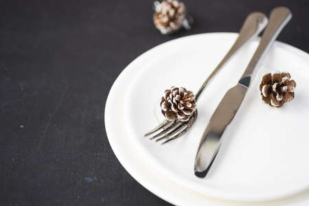Festive table setting for Christmas dinner on dark rustic table with copyspaceの写真素材