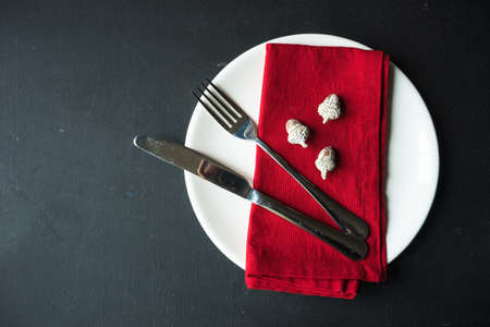 Autumnal table setting with acorns and rustic plates on concrete tableの写真素材