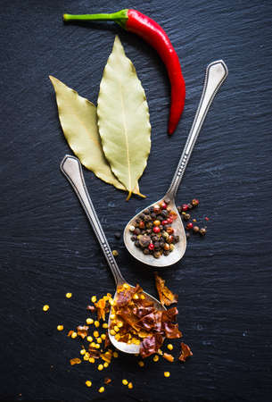 Spices withdifferent types of pepper on dark background with copyspaceの写真素材