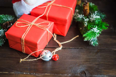 Festive Christmas themed frame with gift box and decorationsの写真素材