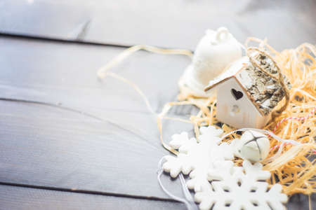 Christmas festive flatlay with gift boxes and decorationsの写真素材