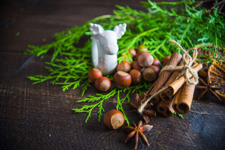 Christmas spices lika an anise star, cinnamon sticks and nuts on dark wooden tableの写真素材