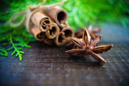 Christmas spices lika an anise star, cinnamon sticks and nuts on dark wooden tableの写真素材