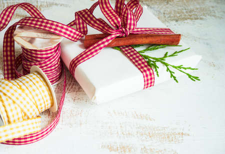 Christmas gift boxes on rustic background as a holiday concept with copyspace