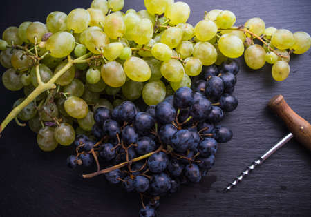 Organic ripe grape and vintage corkscrew on rustic background as a wine conceptの写真素材