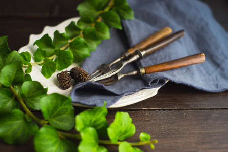 Rustic table setting with vintage ceramic plates and branch of ivy plant on dark old wooden table with copyspaceの写真素材