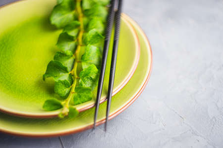 Rustic table setting with vintage ceramic plates, asian chopsticks and branch of ivy plant on dark old wooden table with copyspaceの写真素材