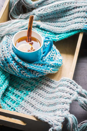 Cup of tea with lemon and winter spices like a cinnamon sticks and anise star with warm  knitted...