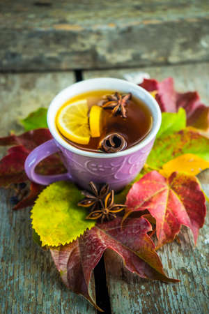 Autumnal concept with cup of tea with lemon, cinnamon stick and anise star on rustic wooden  background full of bright yellow leavesの写真素材