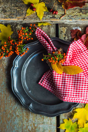 Autumnal table setting with bright red and orange wild berries on rustic background with copyspaceの写真素材