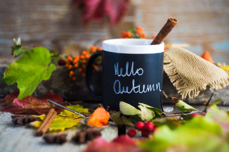 Autumnal concept with cup of tea with lemon, cinnamon stick and anise star on rustic wooden  background full of bright yellow leavesの写真素材
